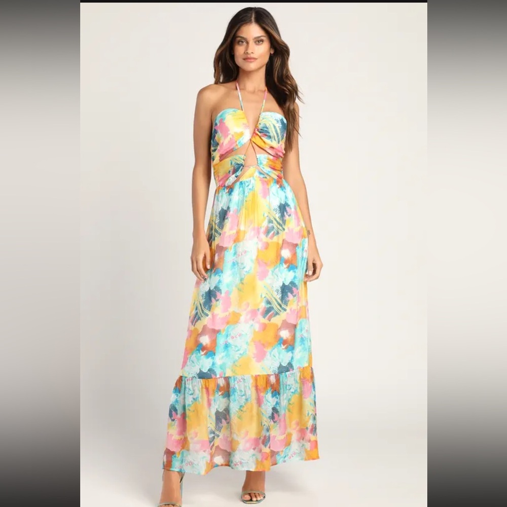 Stunning One Multi Abstract Print Drawstring Halter Maxi Dress